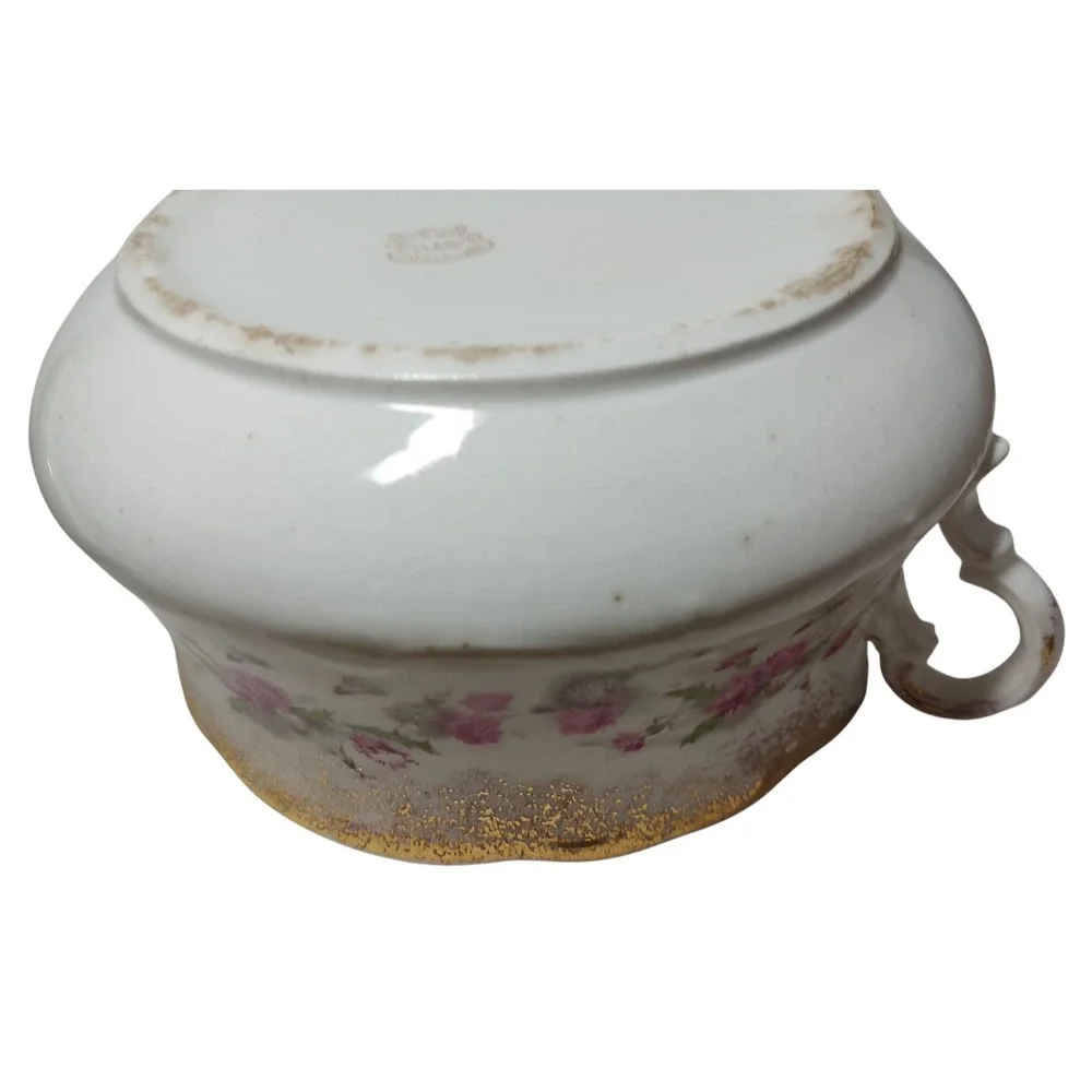 Antique MS‎ Floral Lidded Serving Dish Round Floral Gold Trim Semi Porcelain SEE